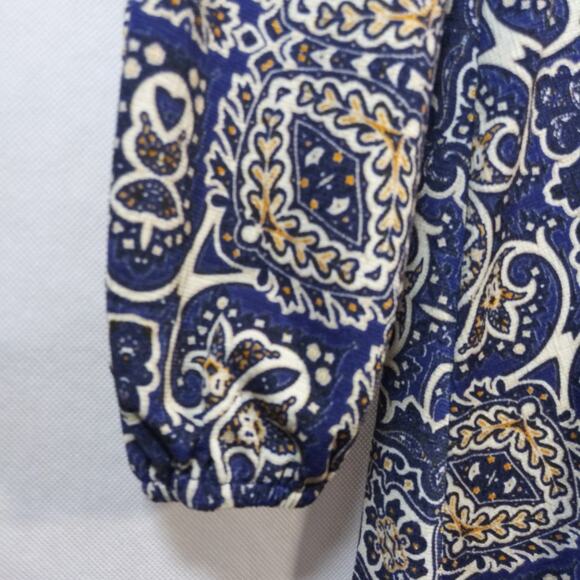 Melloday Boho Mini Dress Long Sleeve Blue Print V-Neck Size Small - Picture 5 of 9